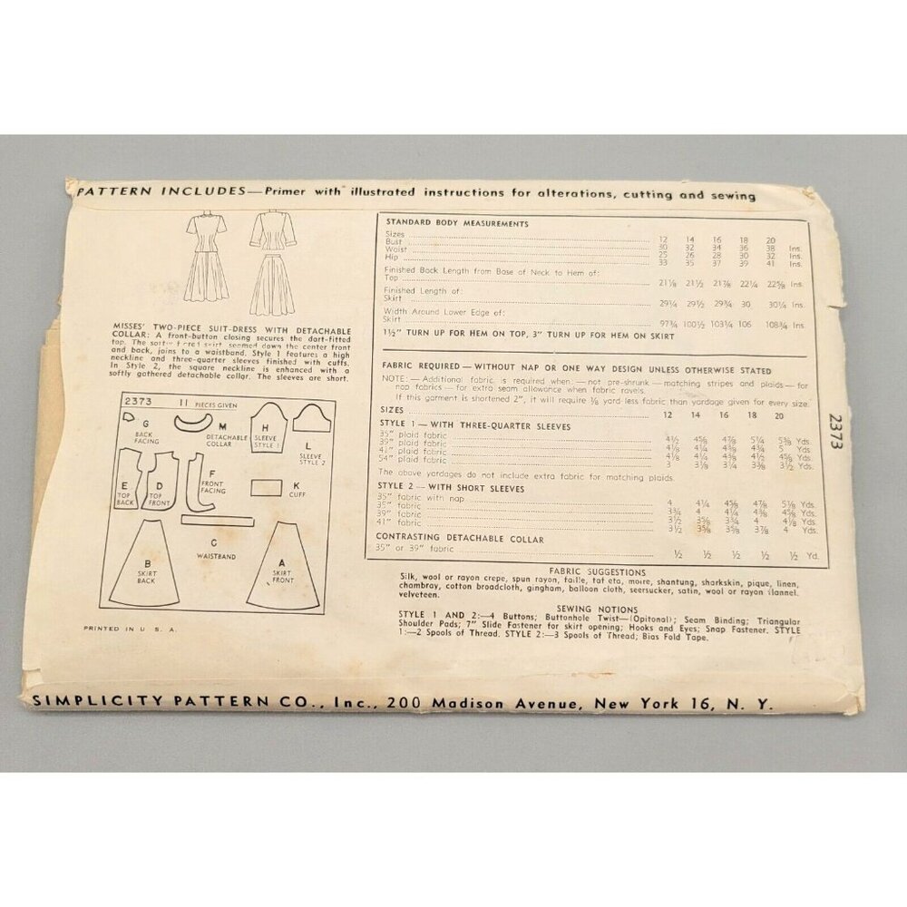 Simplicity 1940s Sewing Pattern Suit Dress Detachable Collar #2373 Size 16 UNCUT - Picture 3 of 3